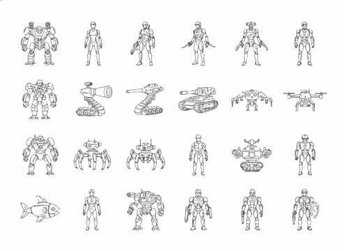 Military Robot and Drone Line Art Collection