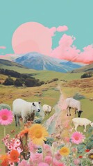 Fototapeta premium Countryside craft collage landscape grassland livestock.