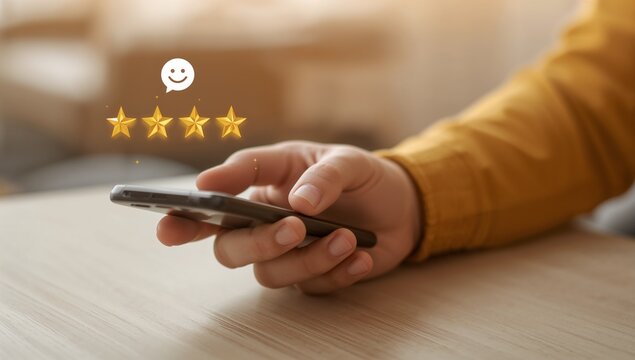 Customer Review and Rating Concept on Smartphone with Four Stars and Smiley Icon