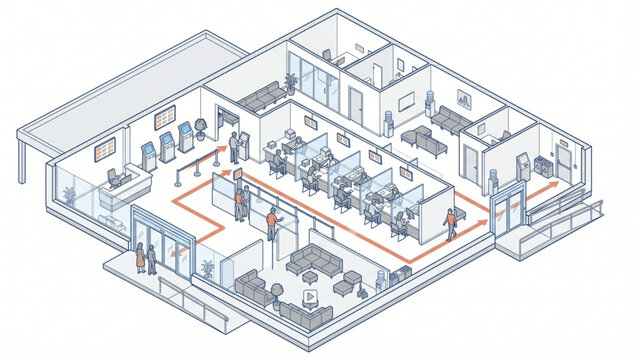 Isometric Civic Service Center Workflow with Residents Queuing, Staff Assistance, Document Submission and Accessible Public Circulation Routes