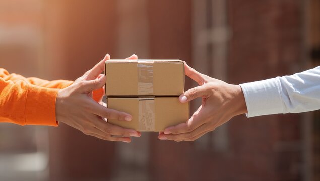 Close-up of Courier Handing Over Two Cardboard Parcels to Customer Outdoors