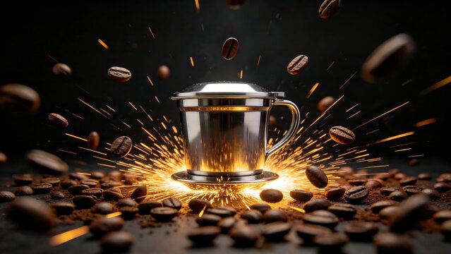 A stainless steel South Indian filter coffee maker sitting among scattered coffee beans with dramatic spark explosion light effect