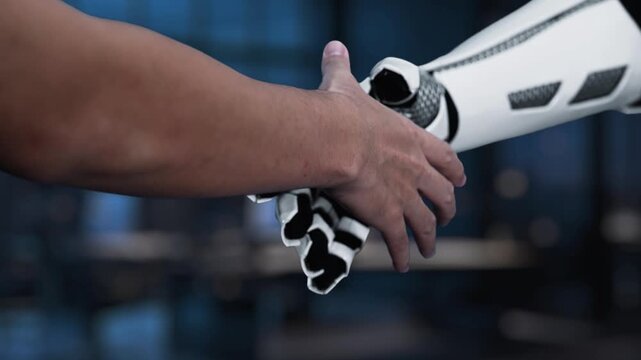This image captures an innovative interaction between human and robot, highlighting Agile methodology in a futuristic office environment filled with digital graphics. Synapse