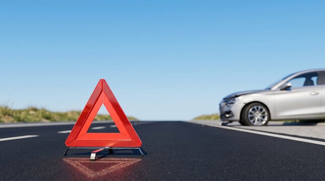 Roadside Emergency Sign with Silver Car in Background on a Clear Blue Day