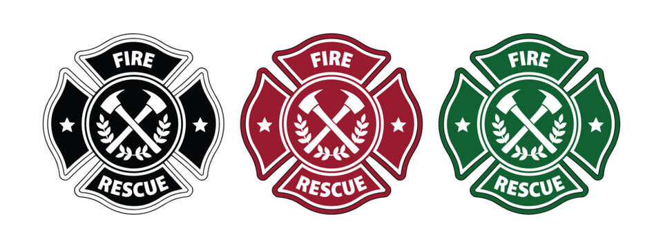firefighter Maltese cross symbol set, fire rescue badges, emergency service emblems, first responder shield icons, fire department insignia, professional safety graphics for firefighter uniforms, bran