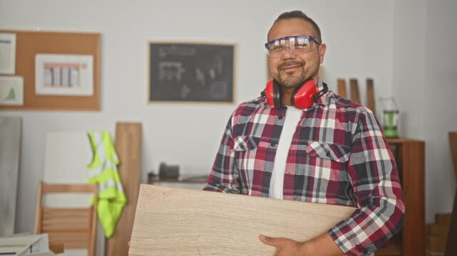 Man carpenter holding a wooden plank while smiling, wearing safety glasses and red earmuffs in studio; pride craftsmanship.