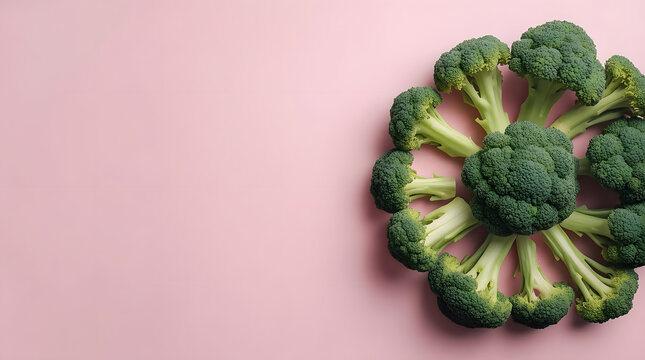 Broccoli Flower on Pink: A vibrant, fresh broccoli head arranged like a flower against a soft pink background, highlighting its unique texture and healthy appeal.