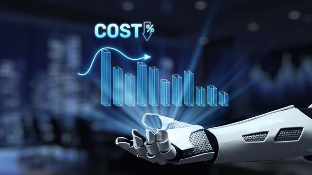 A robotic hand illustrates a digital cost reduction graphic in a sleek office. This image embodies the intersection of technology and modern business strategies. Synapse