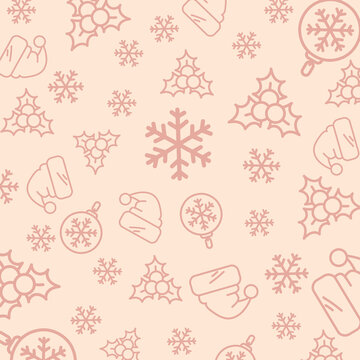 Line Art Christmas Seamless Pattern: Monoline doodle pattern with Santa hats, snowflakes, holly berries, and baubles on blush background; ideal for wrapping paper, fabric, and wallpaper.
