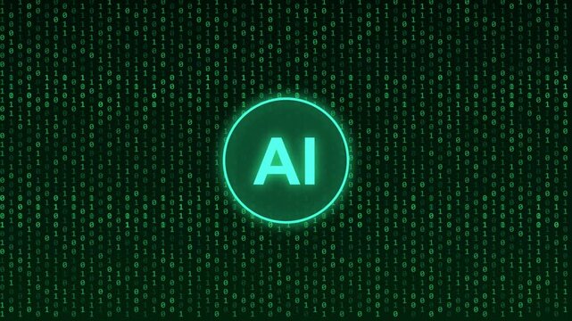 Glowing artificial intelligence acronym shining inside modern futuristic green binary code background design screen