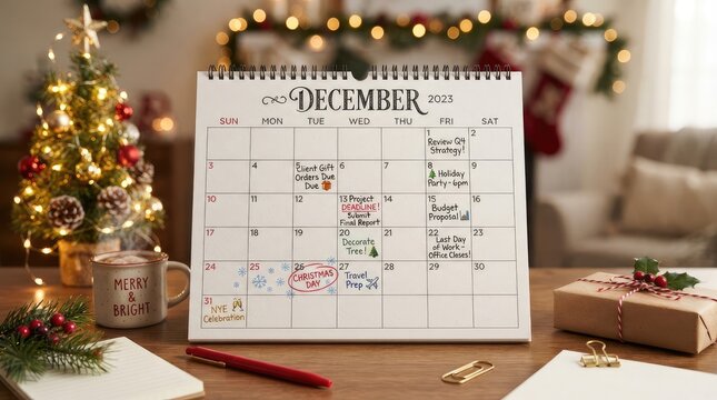 December 2023 calendar with holiday events and festive office decorations on wooden desk with deadlines celebrations holiday monthly calendar highlights spiral bound monthly organization report