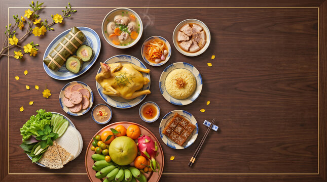 flat lay of rich danang style tet offering spread for ancestral altar, featuring 10 traditional central vietnamese dishes, fruits, mai flowers, and sauce bowls with copy space for text.