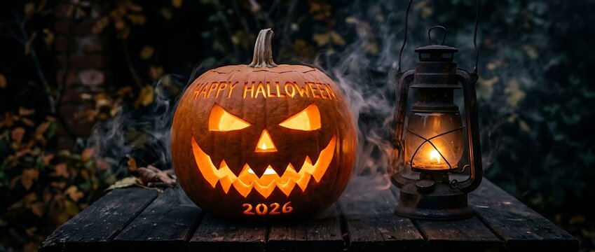 Halloween 2026 carved pumpkin with lantern on dark rustic background