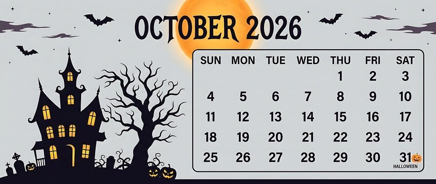 October 2026 halloween calendar template with haunted house silhouette schedule