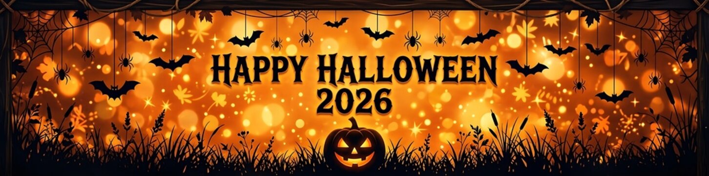 Happy halloween 2026 banner with glowing lights and flying bats jack o lantern