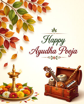Happy Ayudha Puja celebration vector illustration with traditional musical instruments and autumn leaves background