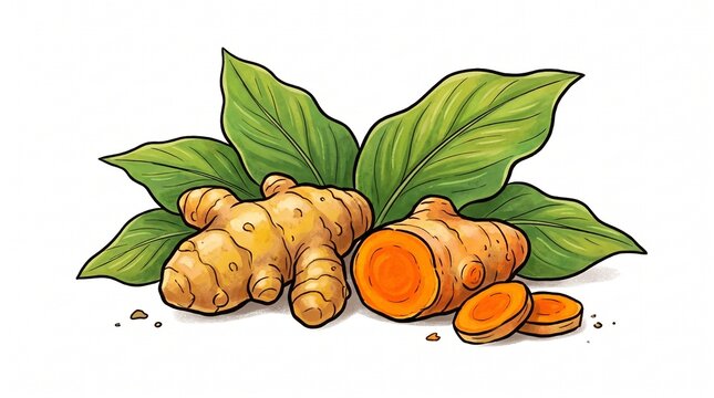 Fresh turmeric root or curcuma longa with green leaves and slices vector illustration isolated on white background