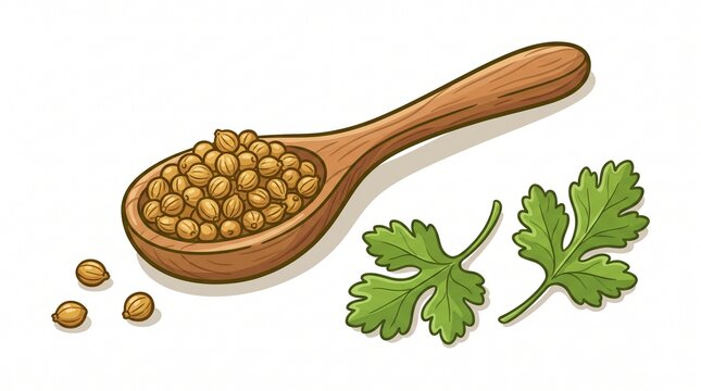 Coriander seeds in wooden spoon with fresh green cilantro leaves vector illustration isolated on white background