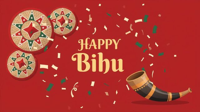 Bihu festival celebration features traditional items on a vibrant red background.