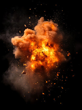 Dynamic bomb explosion with explosive particles, shattered debris and glowing embers on black background.