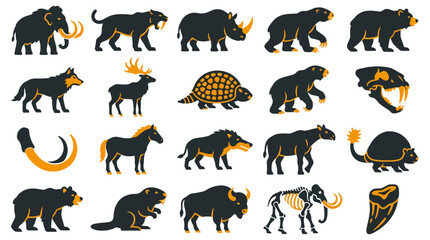Fototapeta premium Stylized illustrations of prehistoric animals in dark silhouettes with golden accents on.