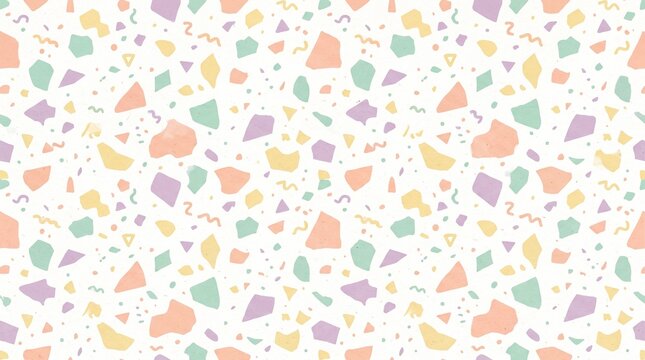 Colorful terrazzo pattern featuring pastel geometric shapes on white background