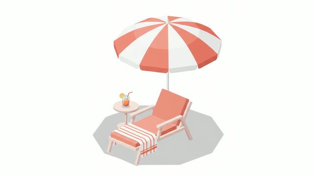 Beachchair stands under a pink striped parasol with soft pastel lighting.