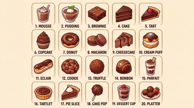 Chocolate desserts and sweets pixel art icon set containing icons for mousse pudding brownie cake tart cupcake donut macaron cheesecake cream puff eclair cookie truffle and bonbon
