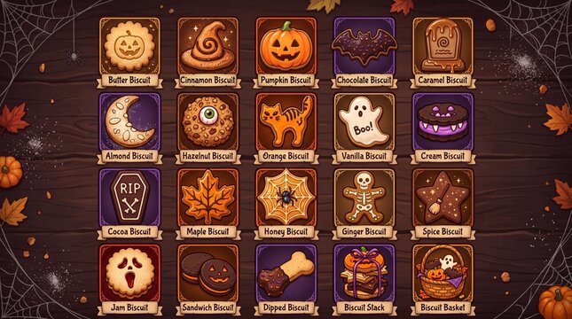 Halloween biscuit inventory and bakery treat icon collection. Featuring Jack o lantern cookie witch hat pumpkin bat tombstone moon eyeball cat ghost and spider web dessert graphics