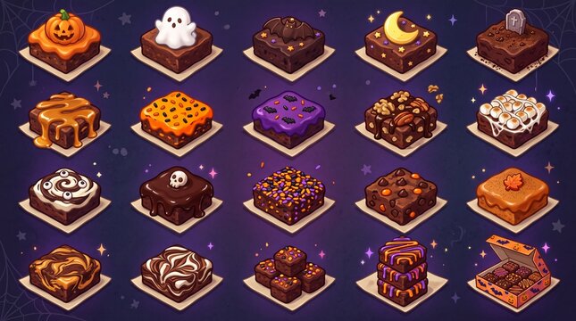 Halloween Brownies and Desserts solid icon set containing icons for Pumpkin Brownie Ghost Brownie Bat Brownie Moon Brownie Tombstone Brownie and Chocolate Box for seasonal baking projects