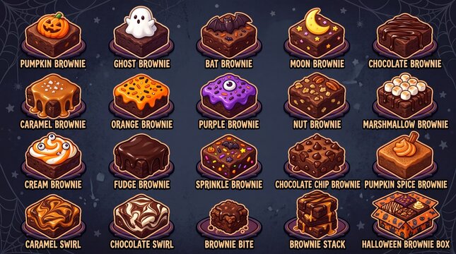 Halloween brownie icon set containing illustrations for pumpkin ghost bat moon caramel orange purple nut marshmallow fudge and sprinkle sweets for festive holiday party design