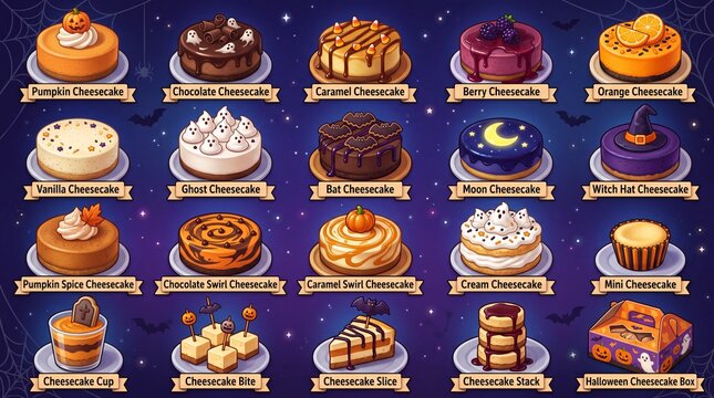 Halloween cheesecake collection. Featuring pumpkin chocolate caramel berry orange vanilla ghost bat moon witch hat pumpkin spice chocolate swirl caramel swirl and cream cheesecakes