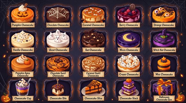 Halloween cheesecake icon set containing icons for Pumpkin Cheesecake Chocolate Web Caramel Ghost Bat Moon Witch Hat and Mini Cake for seasonal festive spooky menu design projects