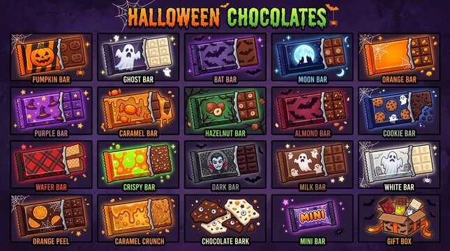 Halloween chocolates icon set containing icons for Pumpkin Bar Ghost Bar Bat Bar Moon Bar Orange Bar Purple Bar Caramel Bar Hazelnut Bar Almond Bar Cookie Bar Wafer Bar Crispy Bar Dark Bar