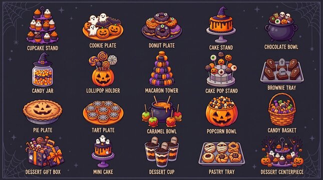 Halloween dessert and sweet treat pixel art icon set containing icons for Cupcake Stand Cookie Plate Donut Plate Cake Stand Chocolate Bowl Candy Jar Lollipop Holder and Macaron Tower