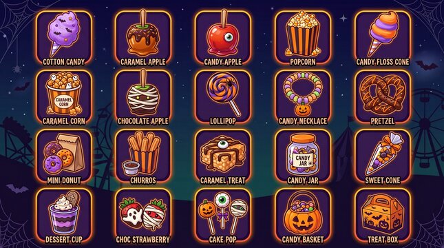 Halloween carnival snacks and spooky sweets game icon set containing cotton candy caramel apple lollipop pretzel churros candy jar and treat box for mobile casual game development