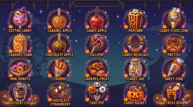 Halloween party snacks and carnival sweets icon set. Featuring caramel apple cotton candy popcorn lollipop pretzel and chocolate treats. Digital game assets for autumn festival