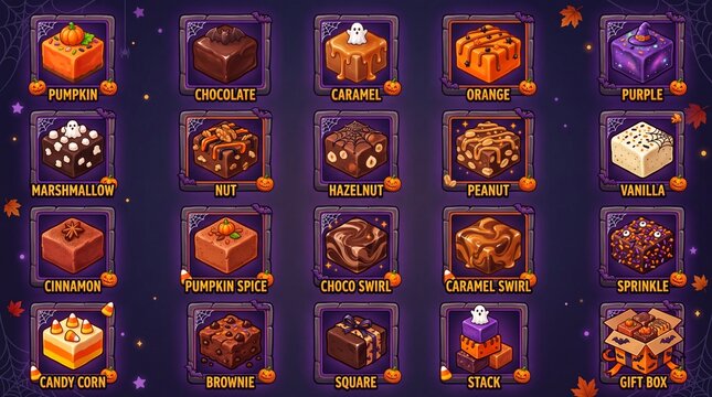 Halloween Brownie and Treat solid icon set containing icons for Pumpkin Chocolate Caramel Marshmallow Nut Hazelnut Peanut Vanilla Cinnamon and Candy Corn for game UI