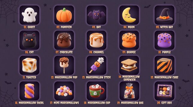 Halloween and candy treats 3D icon set. Featuring ghost pumpkin bat moon witch hat cat chocolate caramel orange purple toasted marshmallow pop stick sandwich cube swirl cup bag and gift box