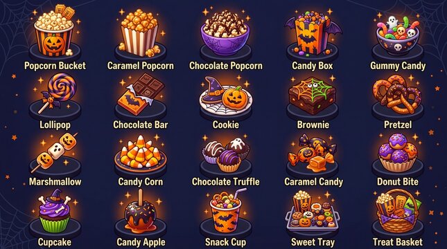 Halloween Treats and Snacks solid icon set containing icons for Popcorn Bucket Caramel Popcorn Chocolate Popcorn Candy Box Gummy Candy Lollipop Chocolate Bar Cookie Brownie and Pretzel