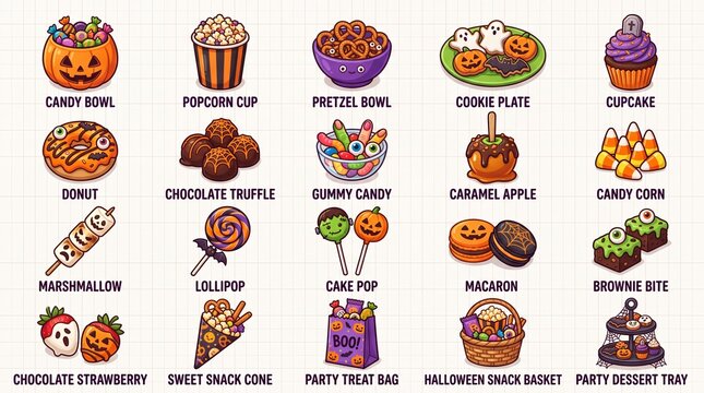 Halloween party treats and spooky snacks pixel art vector icon set. Featuring Candy Bowl Popcorn Cup Pretzel Bowl Cookie Plate Cupcake Donut Chocolate Truffle and Gummy Candy for holiday projects