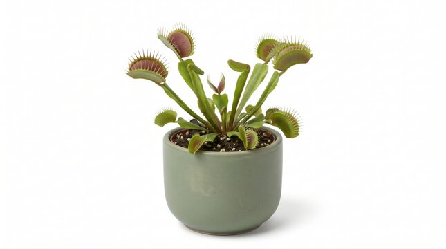 Small venus flytrap plant with green leaves and traps growing in a simple ceramic pot