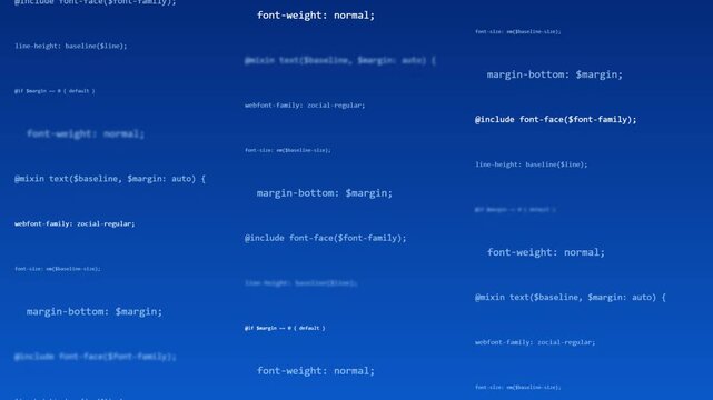 Blue background displaying programming code and web design text snippets moving dynamically across digital interface screen