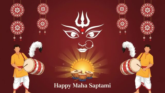 Durga illustration celebrates Maha Saptami with glowing lights and traditional drums.