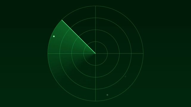 Green digital radar screen scanning circularly for detected targets with bright glowing green light in dark control room