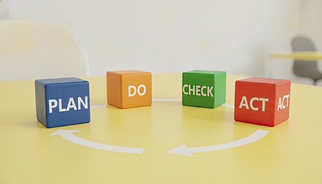 Colorful blocks arranged on a table visualize the four steps of the quality management process including plan do check and act cycle.