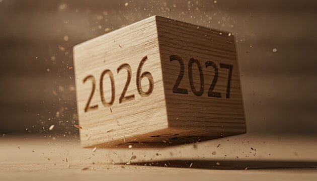 Wooden cube levitates mid-air displaying the transition from the year twenty twenty six to the year twenty twenty seven in bright light.
