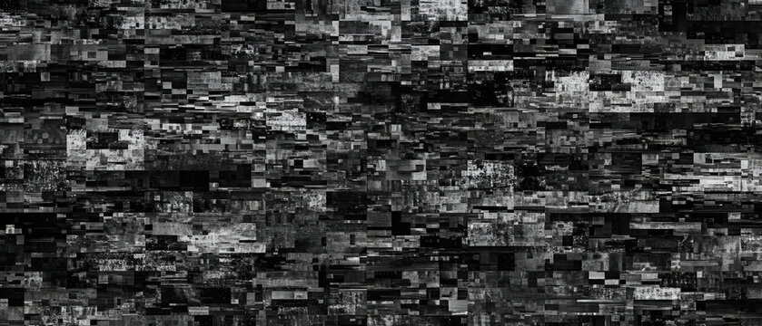 Glitch texture background with digital noise and pixel distortion, monochrome abstract static pattern, dark cyberpunk aesthetic for video overlays
