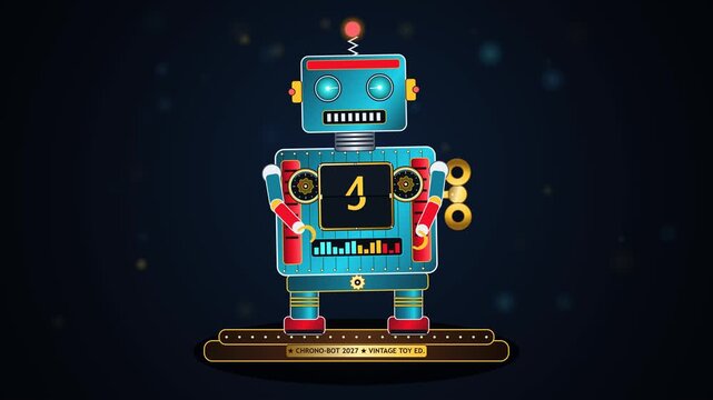 Charming 4K New Year 2027 animation featuring a vintage retro tin wind-up toy robot with mechanical clockwork gears, chest digital countdown dial, spi.