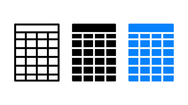Set of three professional spreadsheet grid icons in outline solid and blue